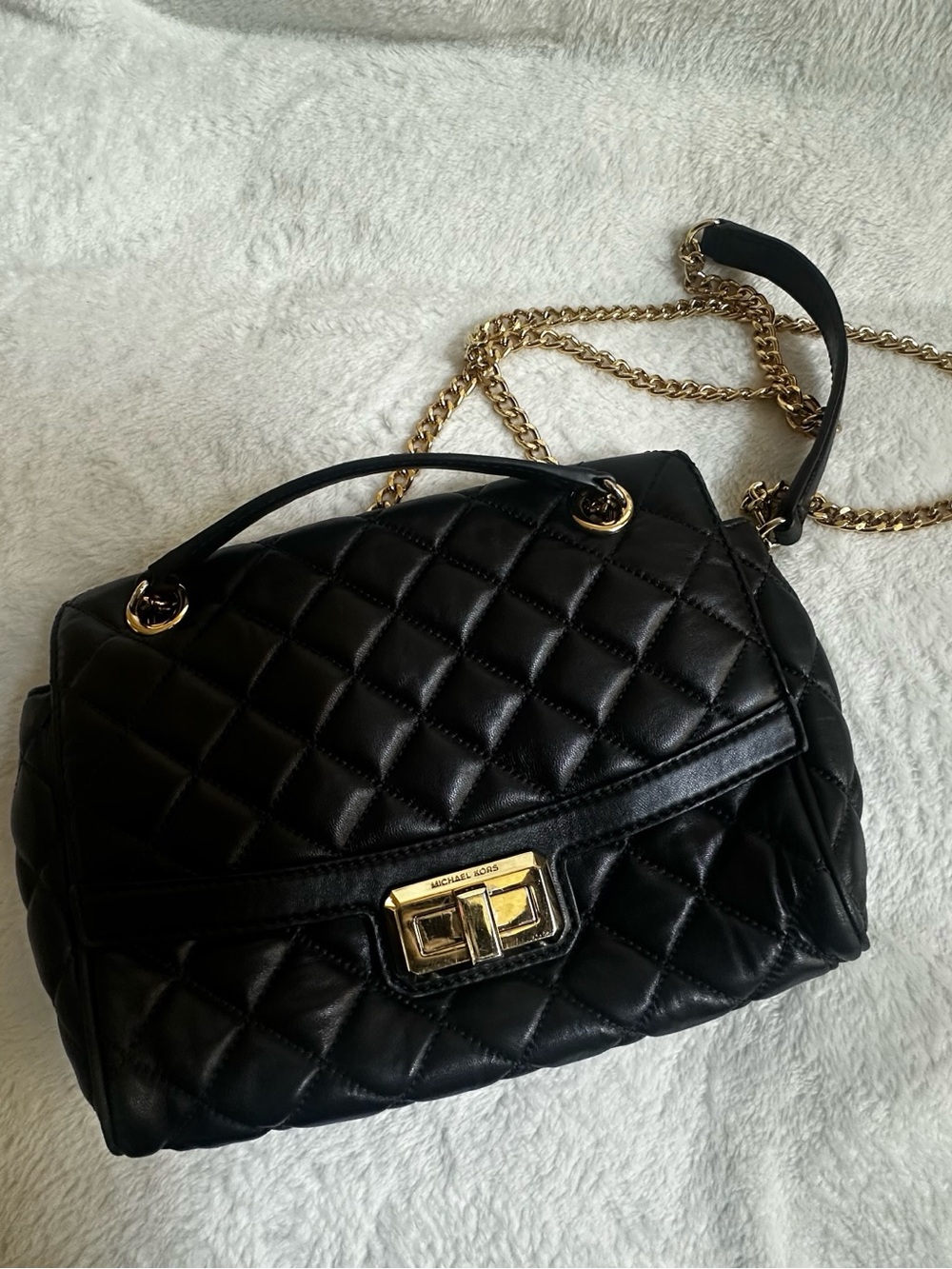 Michael Kors Quilted Black Leather Crossbody with Gold Chain